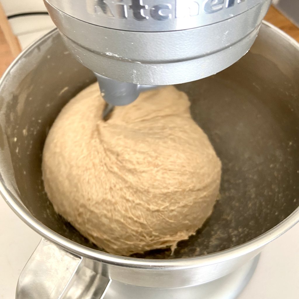 Shaggy ball of dough sitting in a mixing bowl